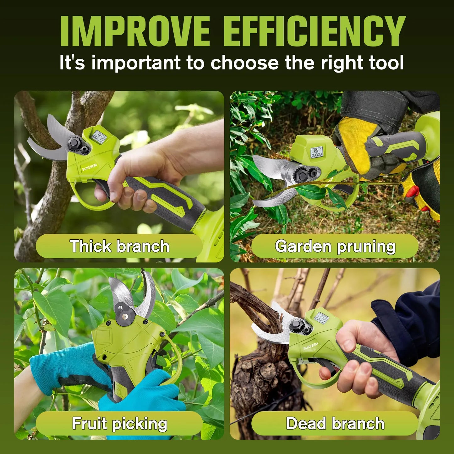 SUKESEM Cordless Electric Pruning Shears - 21V Battery-Powered Heavy-Duty Branch Cutter with LCD Display for Tree Trimming and Pruning Tasks