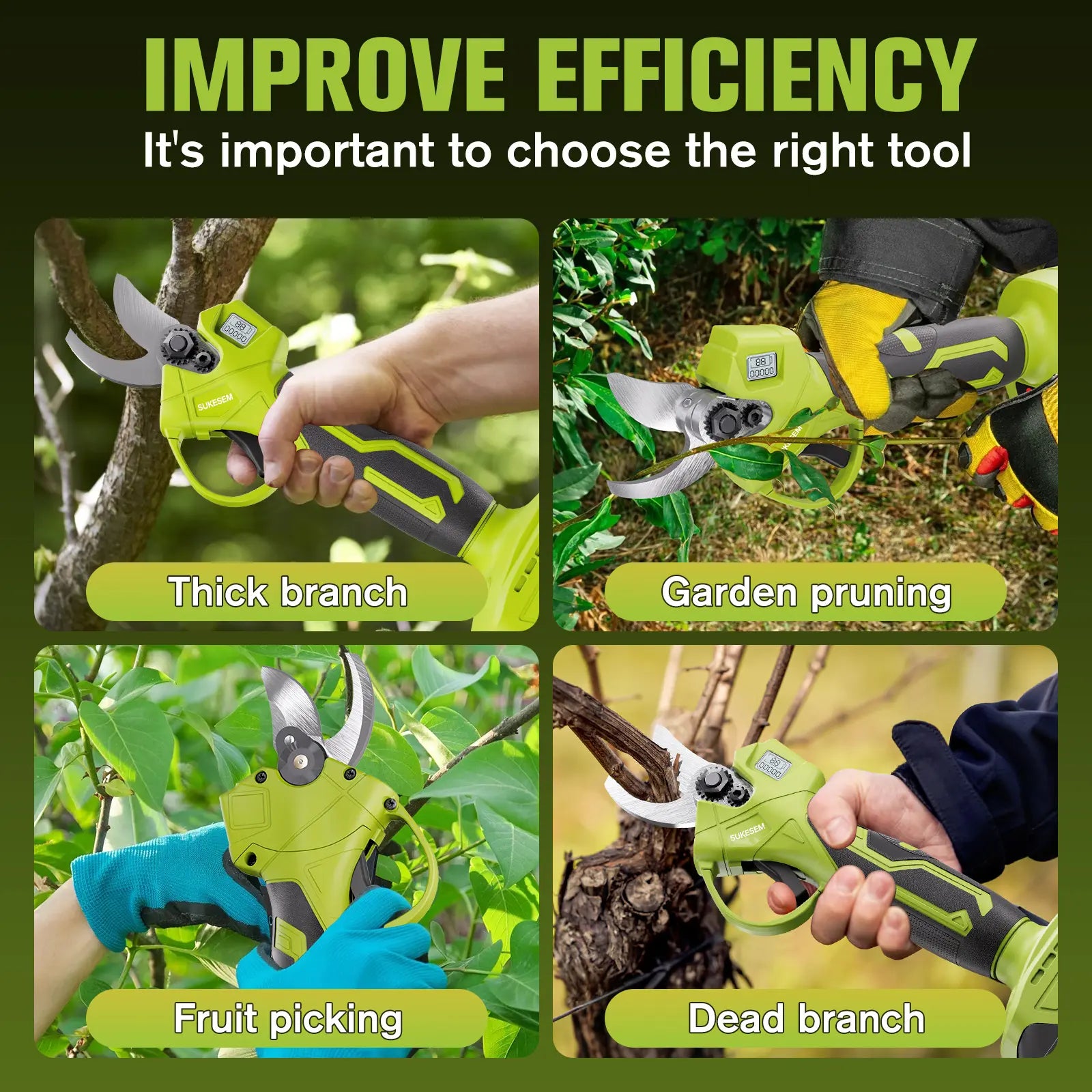 SUKESEM Cordless Electric Pruning Shears - 21V Battery-Powered Heavy-Duty Branch Cutter with LCD Display for Tree Trimming and Pruning Tasks