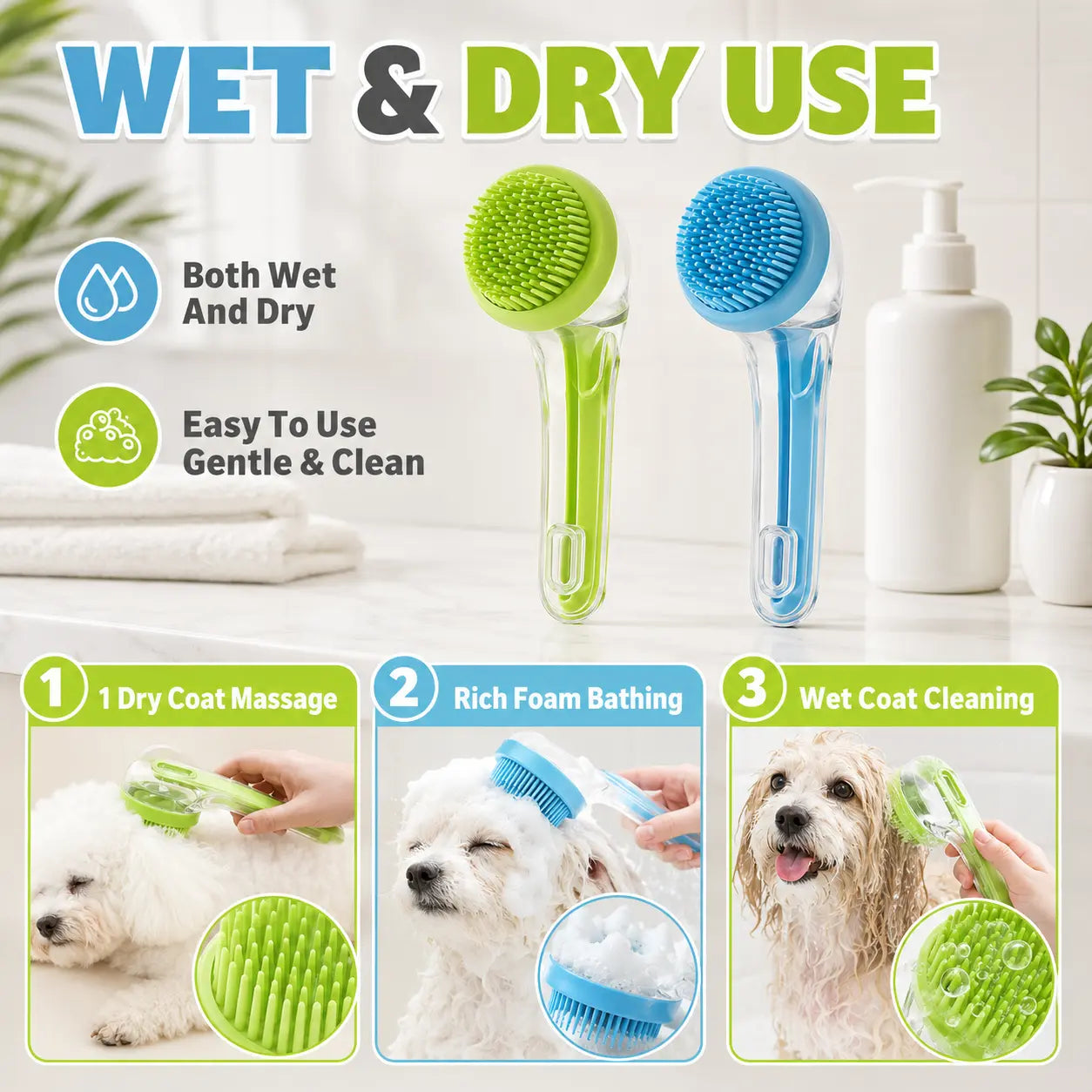 Ergonomic Pet Bath Brush with Shampoo Dispenser for Dogs and Cats - Gentle Massage Grooming Tool and Essential Bathing Supply