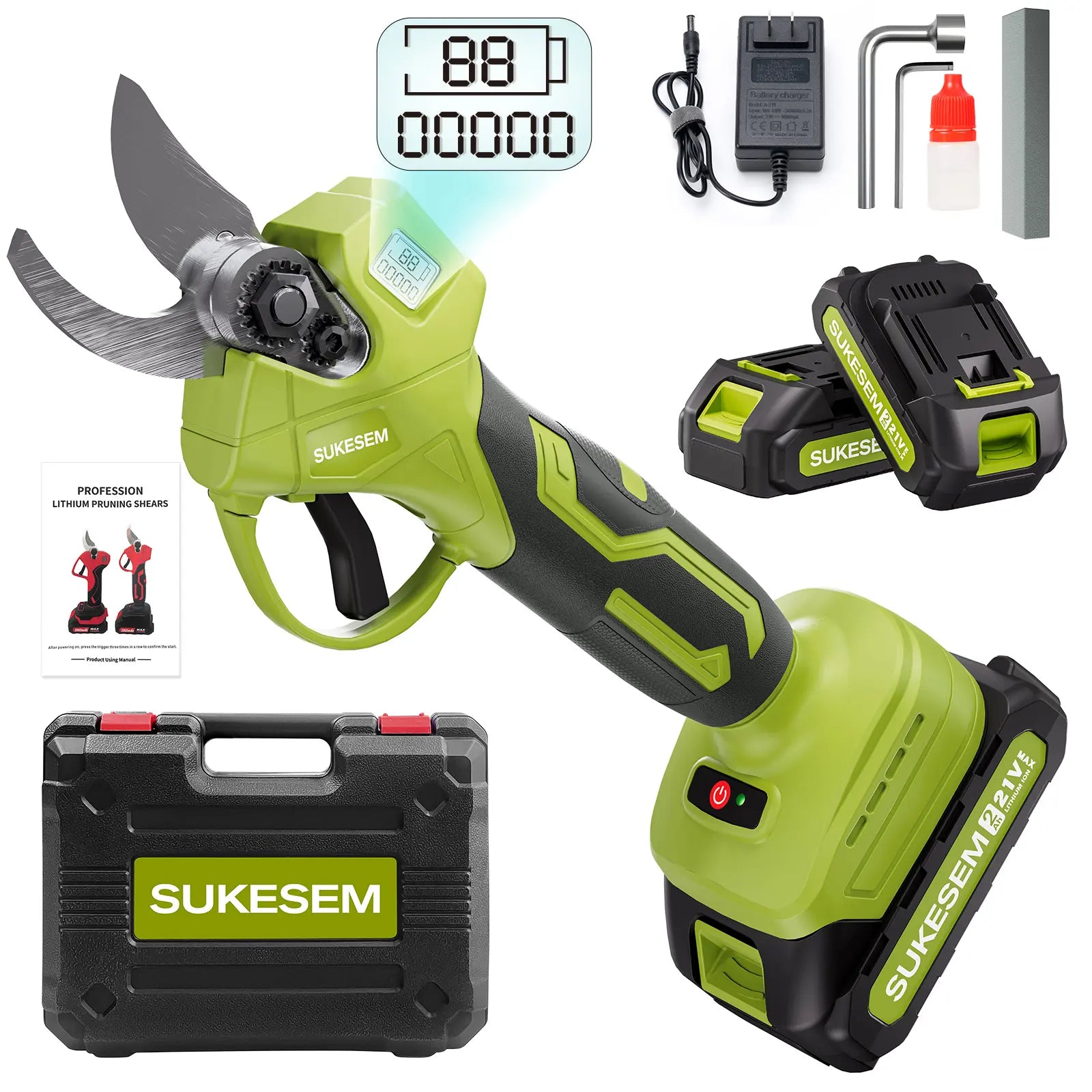 SUKESEM Cordless Electric Pruning Shears - 21V Battery-Powered Heavy-Duty Branch Cutter with LCD Display for Tree Trimming and Pruning Tasks