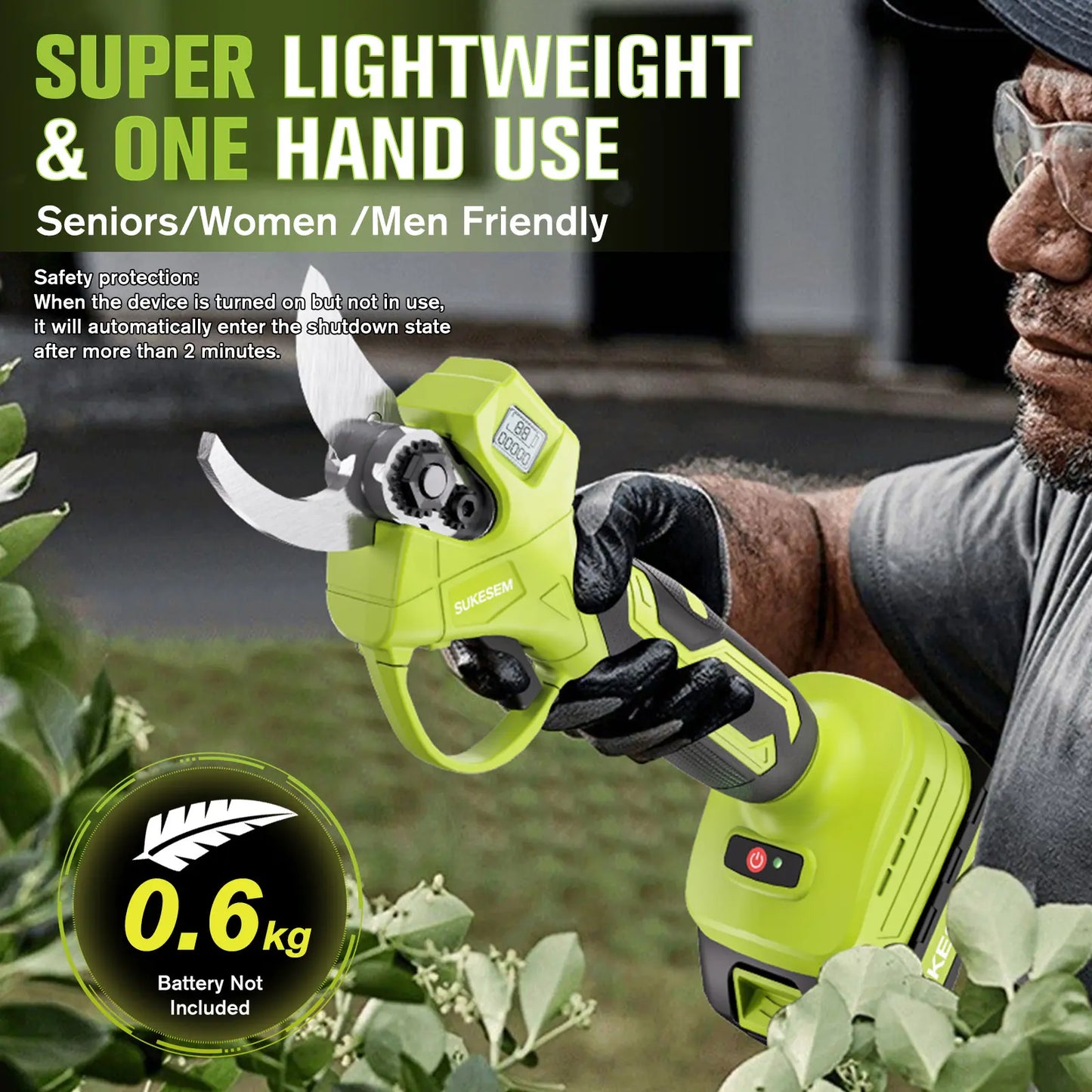 SUKESEM Cordless Electric Pruning Shears - 21V Battery-Powered Heavy-Duty Branch Cutter with LCD Display for Tree Trimming and Pruning Tasks