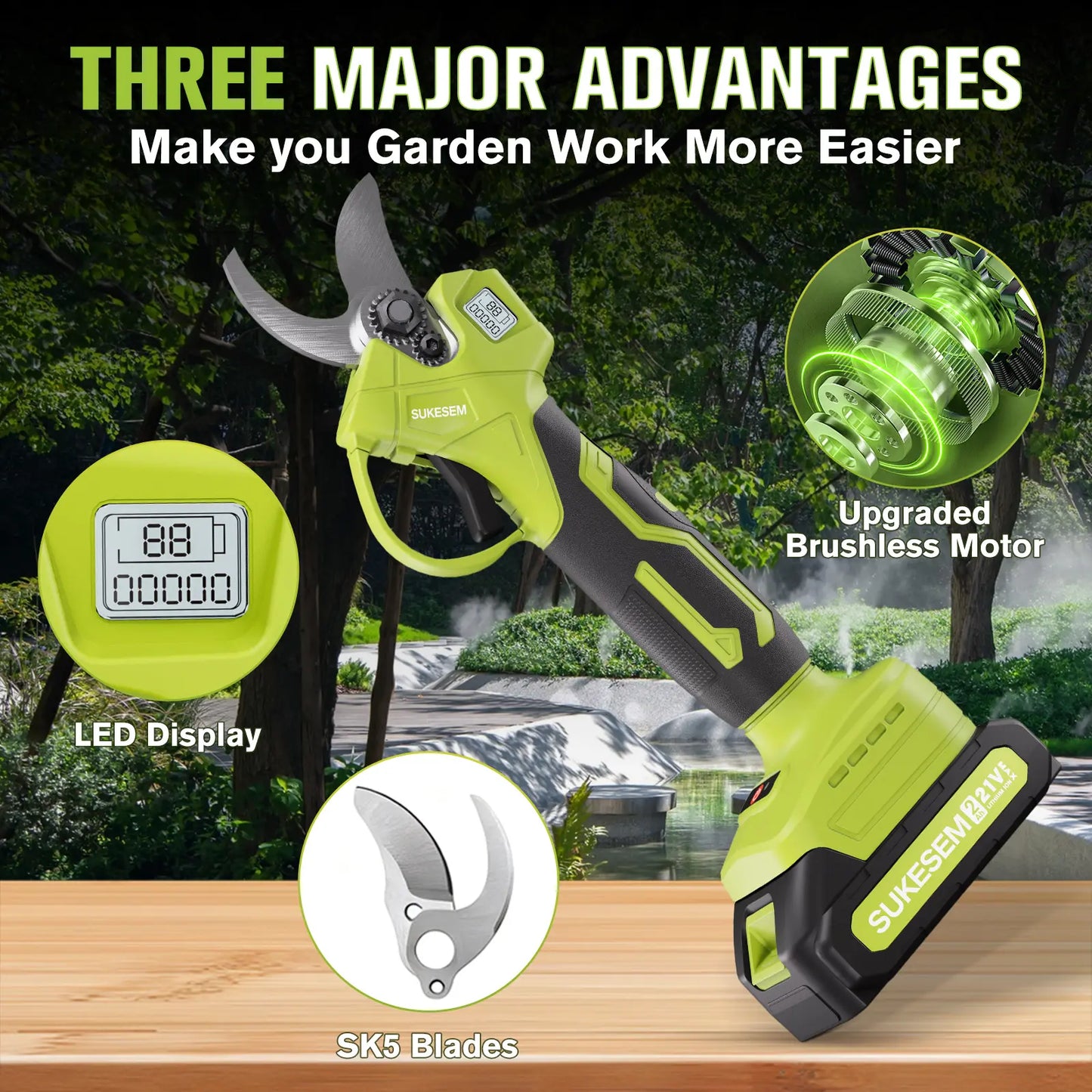 SUKESEM Cordless Electric Pruning Shears - 21V Battery-Powered Heavy-Duty Branch Cutter with LCD Display for Tree Trimming and Pruning Tasks