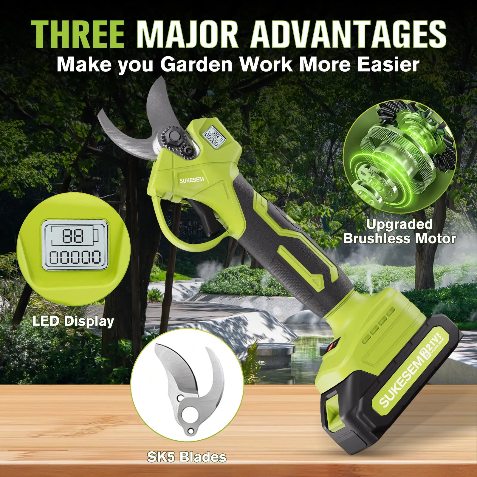 SUKESEM Cordless Electric Pruning Shears - 21V Battery-Powered Heavy-Duty Branch Cutter with LCD Display for Tree Trimming and Pruning Tasks