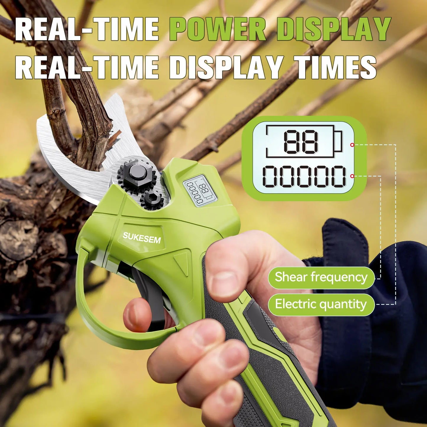 SUKESEM Cordless Electric Pruning Shears - 21V Battery-Powered Heavy-Duty Branch Cutter with LCD Display for Tree Trimming and Pruning Tasks
