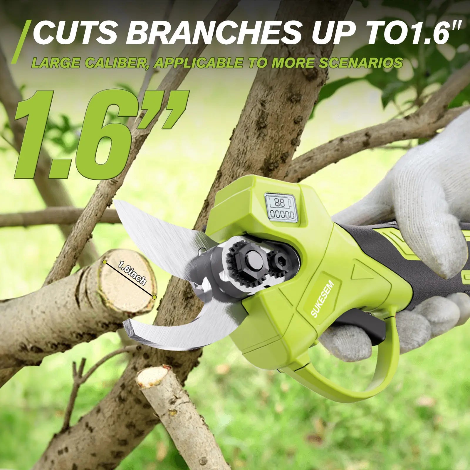 SUKESEM Cordless Electric Pruning Shears - 21V Battery-Powered Heavy-Duty Branch Cutter with LCD Display for Tree Trimming and Pruning Tasks